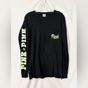 PINK Victoria’s Secret Black|Green Long Sleeve Campus Crew Neck T-Shirt Size XS